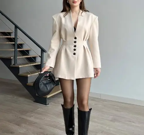 

Autumn Women's Fashionable and Personalized Commuting 2-Piece Deep V-Neck Long Sleeved Suit Jacket and Short Skirt Set