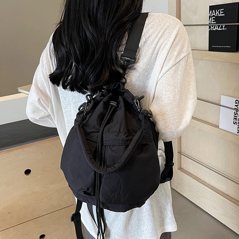 Casual Soft Puffer Bucket Bag Drawsting Padded Women Shoulder Bags Lightweight Nylon Handbags Simple Small Tote Shopper Purses