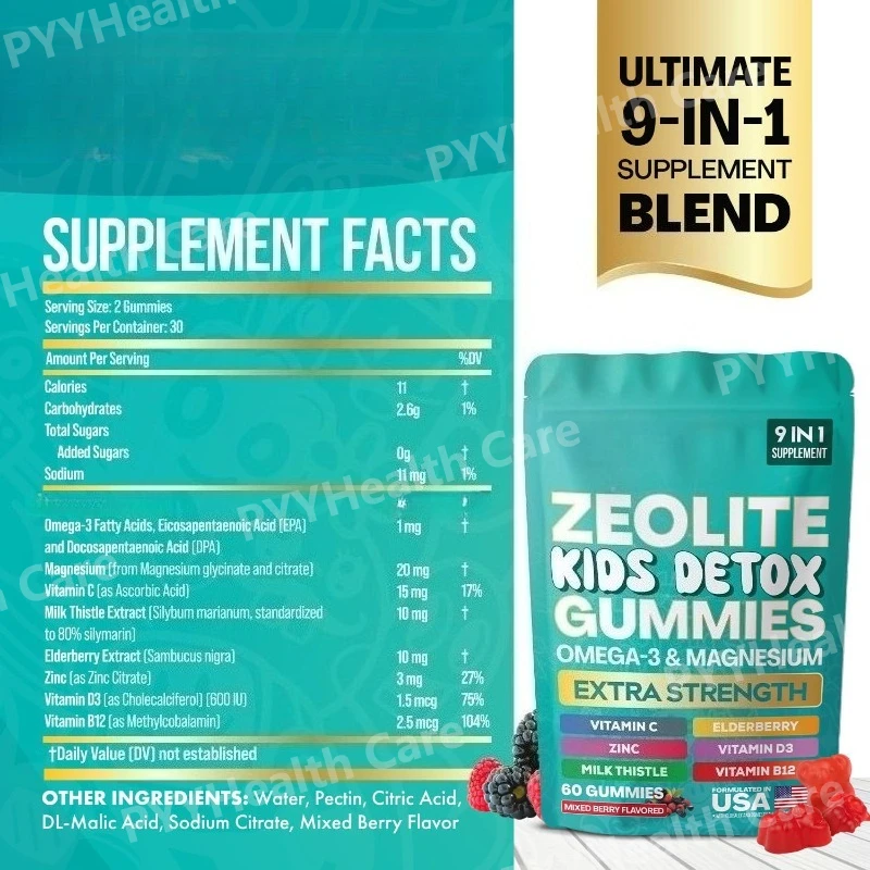 Zeolite Gummies 9-in-1 with Zeolite Omega-3 Magnesium Elderberry Vitamin C Milk Thistle Vitamin D3 Zinc B12 60 Gummies