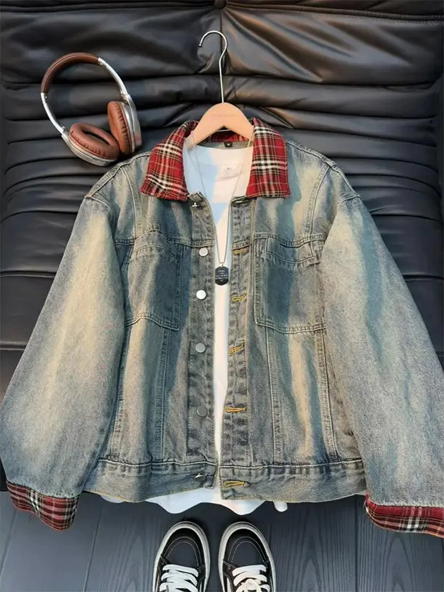 

Мужская джинсовая куртка-бомбер в стиле пэчворк с эффектом двухслойности, весенне-осенняя, дизайнерская, высококачественная, в американском ретро-стиле, с воротником-стойкой