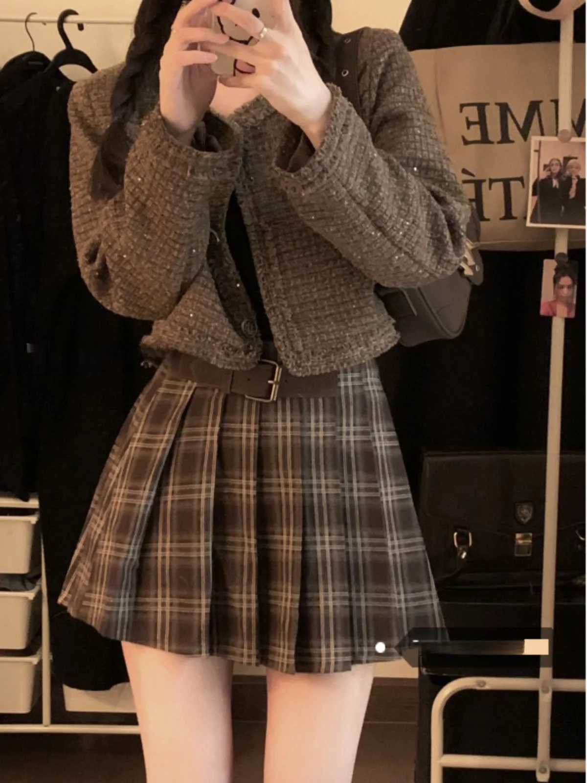 

High Waist Plaid Skirt Women's Summer 2025 New Sewn Belt American Retro Brown A-Line Pleated Skirt Casual Sle