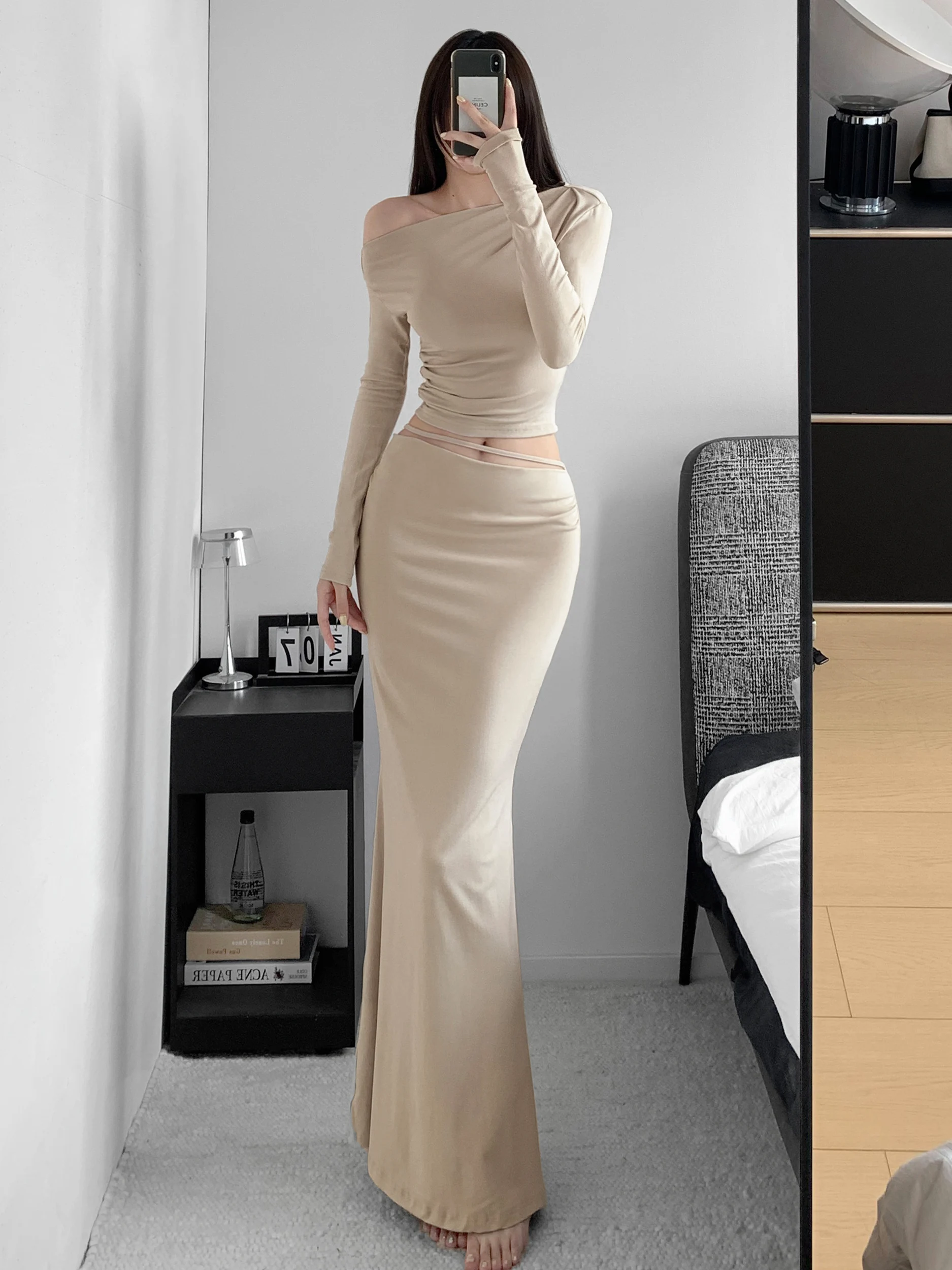 Women's Shoulder Bared Long Sleeve Short Bodycon Dress with Half Skirt Two Piece Set Cover up Summer Autumn Fashion Set