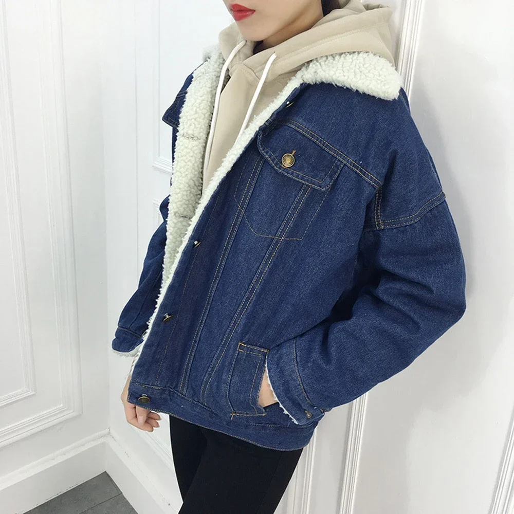 Autumn and Winter Women\'s New Lambswool Padded Denim Jacket Solid Color Loose Fleece Casual Warm Short Cotton-padded Jacket