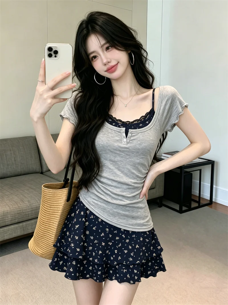 

Sweet Spicy Lace Short Sleeve T-Shirt Women's Summer New Style Floral Print Dress Two-Piece Set Korean Style Slim Fit Commute
