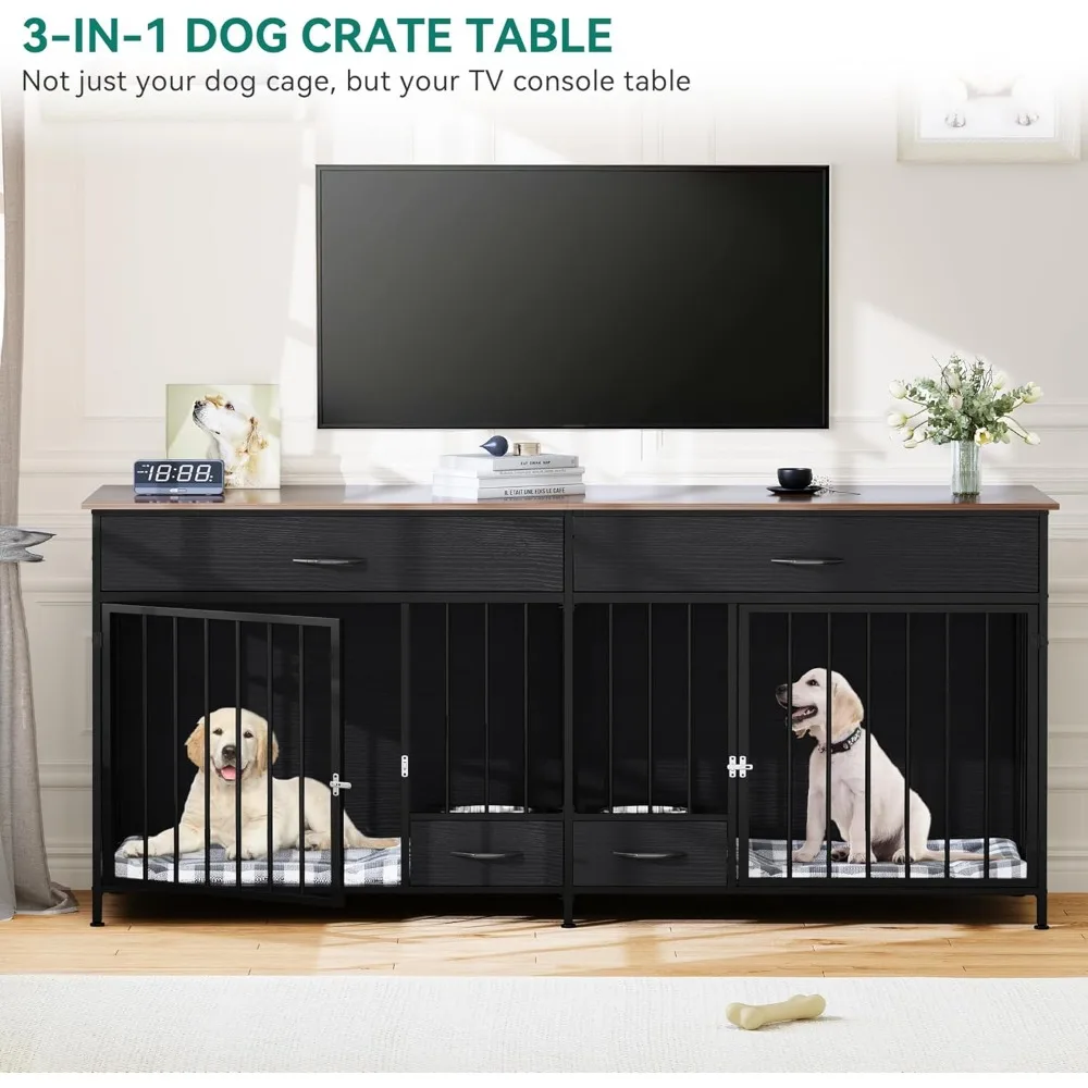 Double Crate TV Stand with Dog Feeder, 74.8