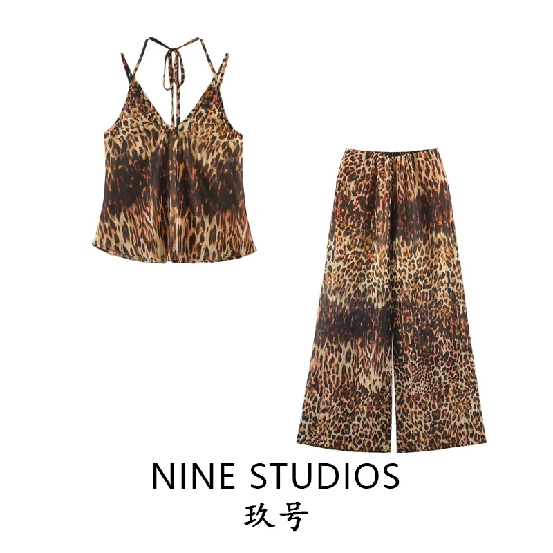 Sexy Leopard Print Crop Top And Long Pants Two-Piece Set Casual Style Women's Fashion Summer Collection by Nine Zar