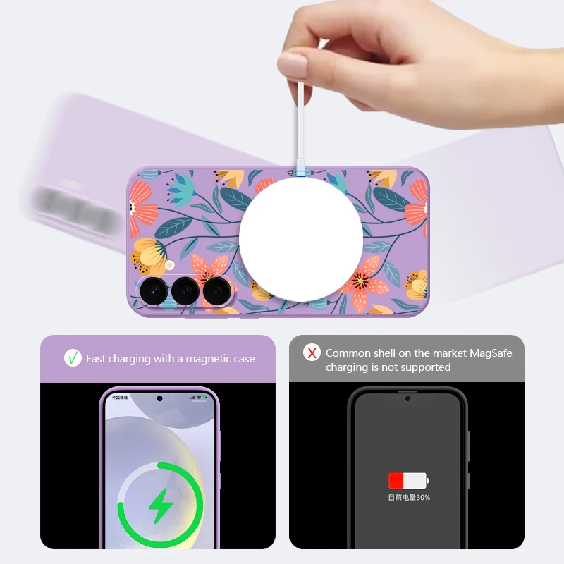 Flower Print Case For Samsung Galaxy S25 S23 S24 S22 Ultra S21 Plus S20 S24 FE For Magsafe Magnetic Wireless Charge Phone Cover