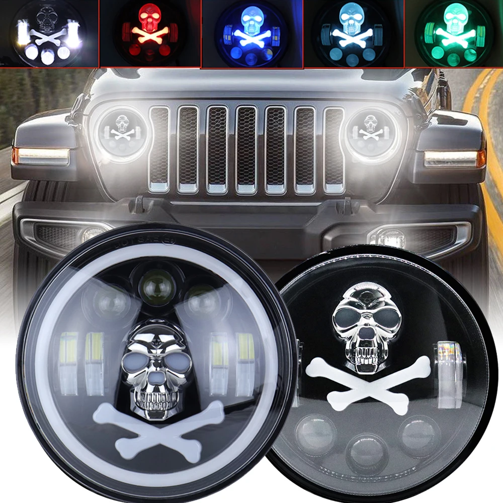 

5.75 led headlight with turn signals fog light motorcycles Angel Eyes Skull led Car Lamp Round Headlamp For Harley Jeep Wrangler