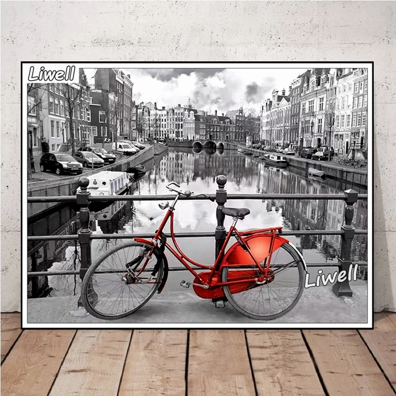 Netherlands Amsterdam Canal With Bicycles Sunrise Landscape Diamond Painting Wall Art Museum Square Cross Stitch Room Decor