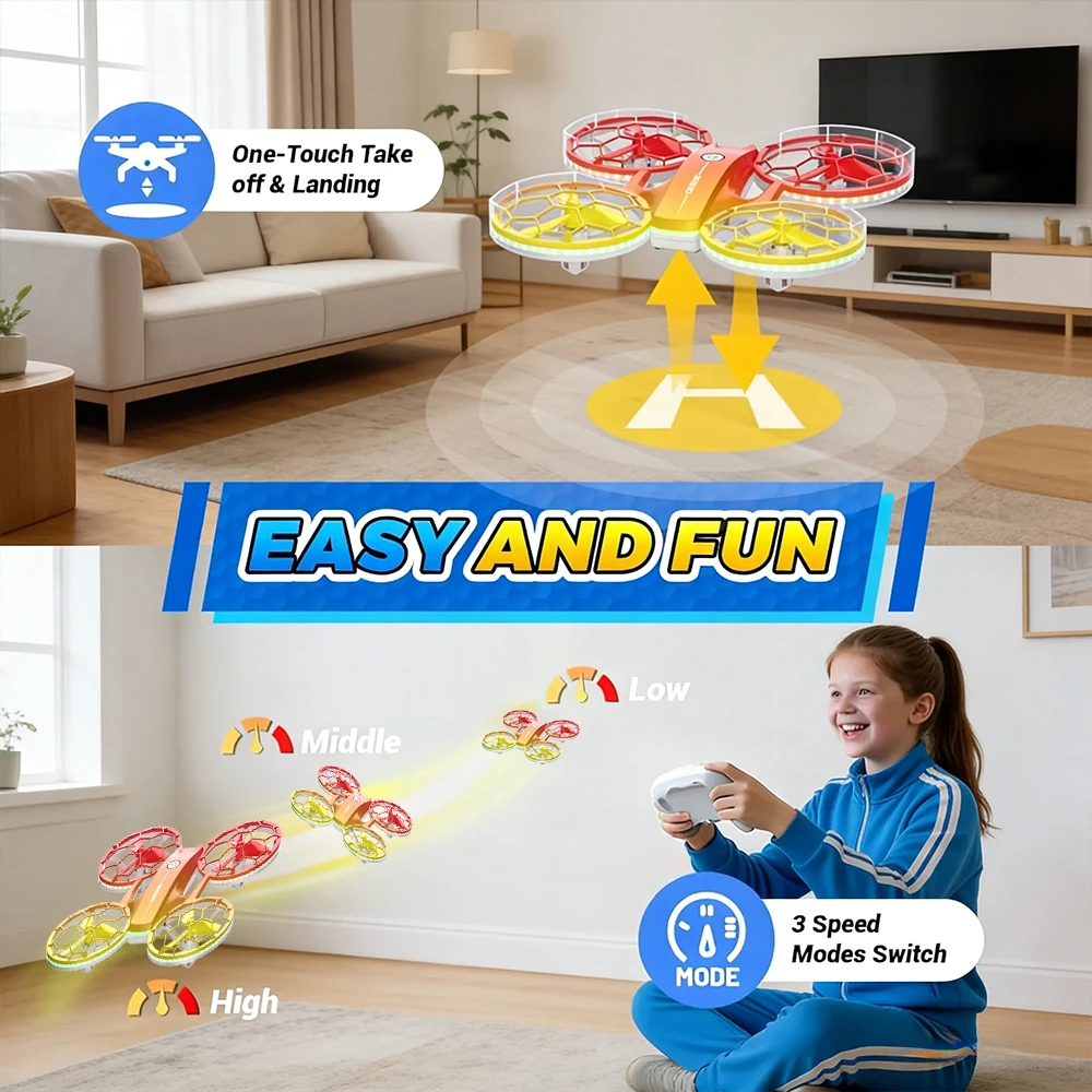 

Мини-дрон на радиоуправлении 2.4G, квадрокоптер с функцией взлета и посадки одной кнопкой, защитой от столкновений и красочными LED-подсветками, портативная летающая игрушка, подарок