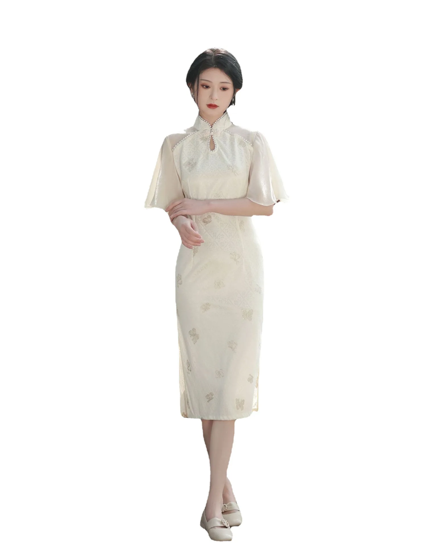 2023 Summer New Double-layer Mesh Embroidery Mid-length Cheongsam Fairy Skirt Retro Modified Qipao Chinese Wedding Dress