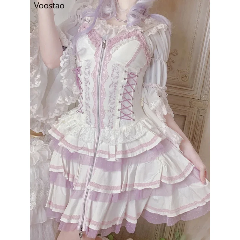 

Gothic Lolita Y2k Dress Women Vintage Victorian Harajuku Lace Bandage Rose Embroidery Party Dresses Girls Sleeveless Vesti yy:89