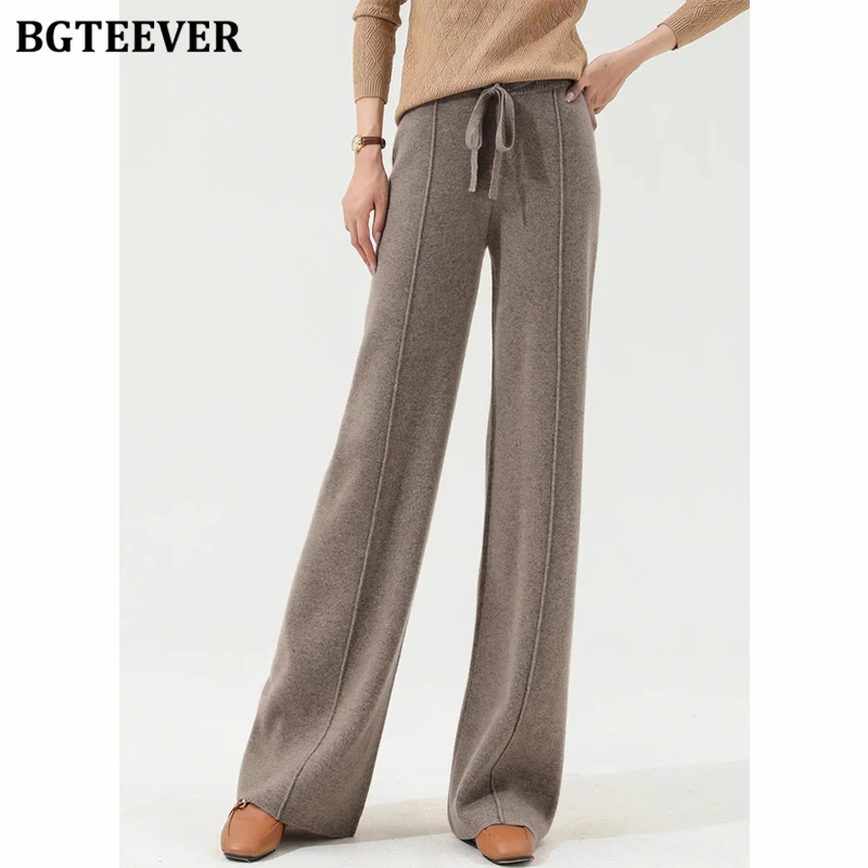 

BGTEEVER Casual Lace-up Female Knitted Wide Leg Floor-Length Trousers High Waist Loose Autumn Winter Ladies Sweater Pants