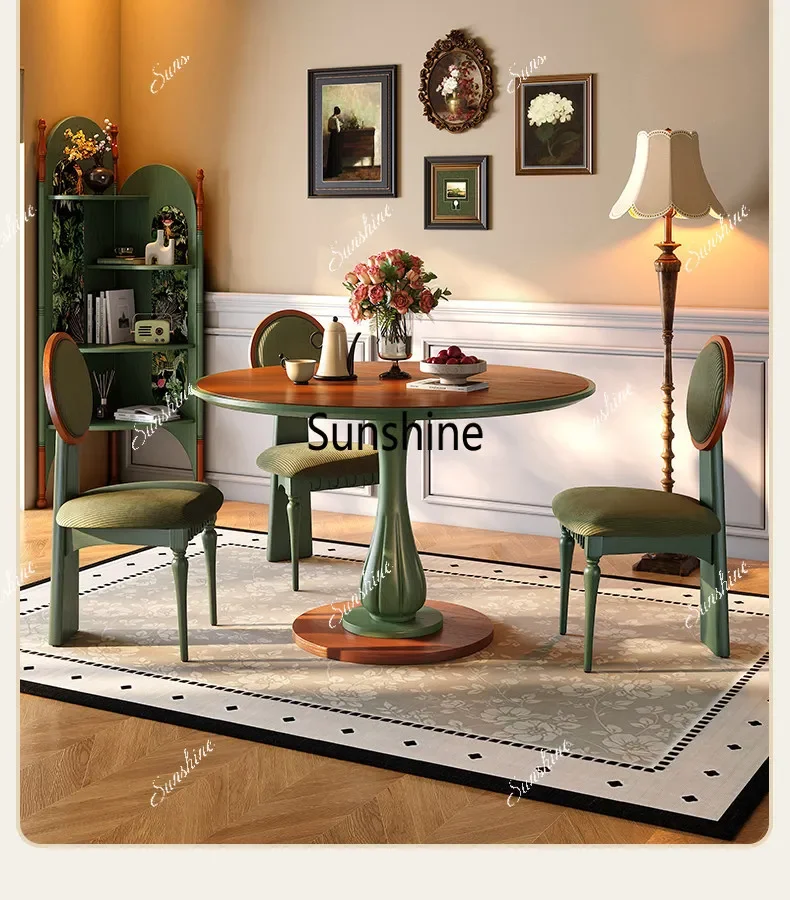 French retro solid wood round small apartment dining table and chair combination simple and modern
