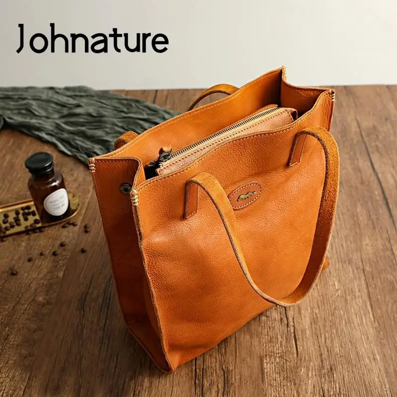 Johnature Casual Tote 2024 New Genuine Leather Women Shopping Bag Outdoor Leisure Solid Color Real Cowhide Shoulder Bags