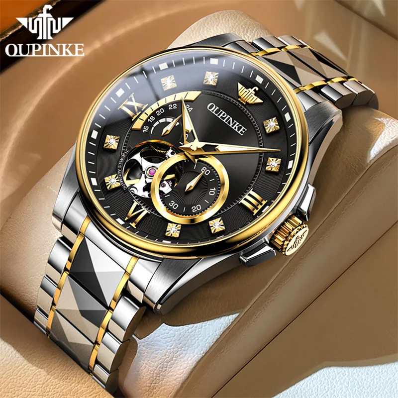 

OUPINKE Men's Watch Luminous Skeleton Waterproof Automatic Mechanical Watch for Men Luxury Tungsten Steel Clock reloj hombre