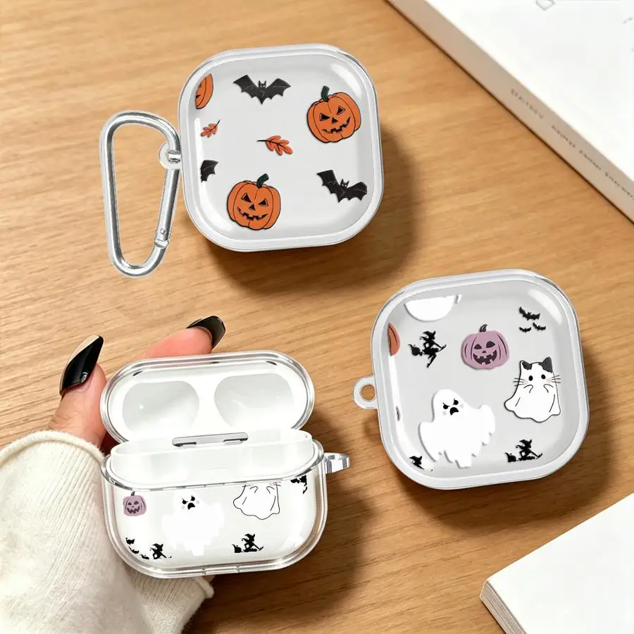 Clear Earphone Cases Cover With Hook Case For Samsung Galaxy Buds 4Pro 2Pro 3Pro 4 Pro Live 2 3 FE Halloween Pumpkin Ghost Bat