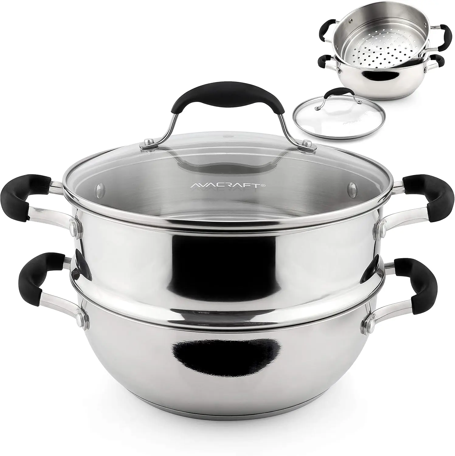 

3-Piece Stainless Steel Steamer Pot Set with Glass Lid, Induction Compatible, 18/10 Quality