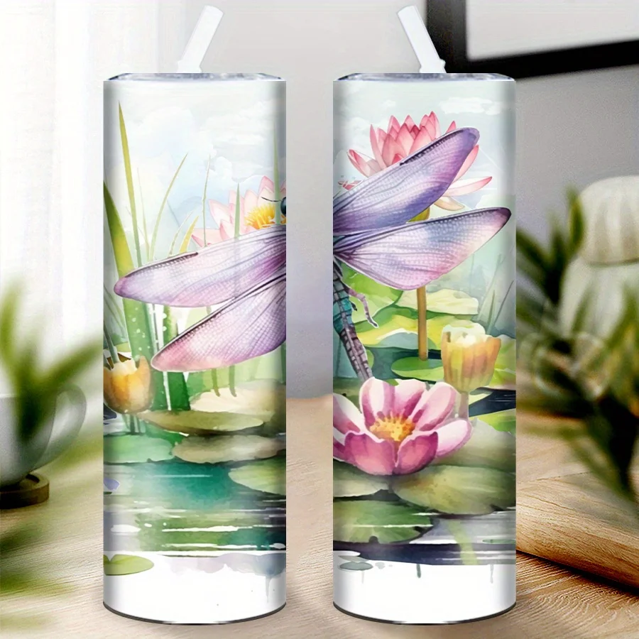 1pc, 20Oz Straight Cup, 3D Printed Dragonfly And Lotus Pattern, Large Capacity Stainless Steel Slim Cup with Straw And Lid, Hot Cold Water Tumbler Insulated Travel Mugs, Suitable for Holiday Party Decorations, Gifts for Family And Friends