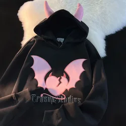 Harajuku Cute Embroidery Bat Wings Cartoon Anime Hoodie Sweatshirt Teenage Students Kawaii Clohtes Long Sleeve Loose Winter Tops