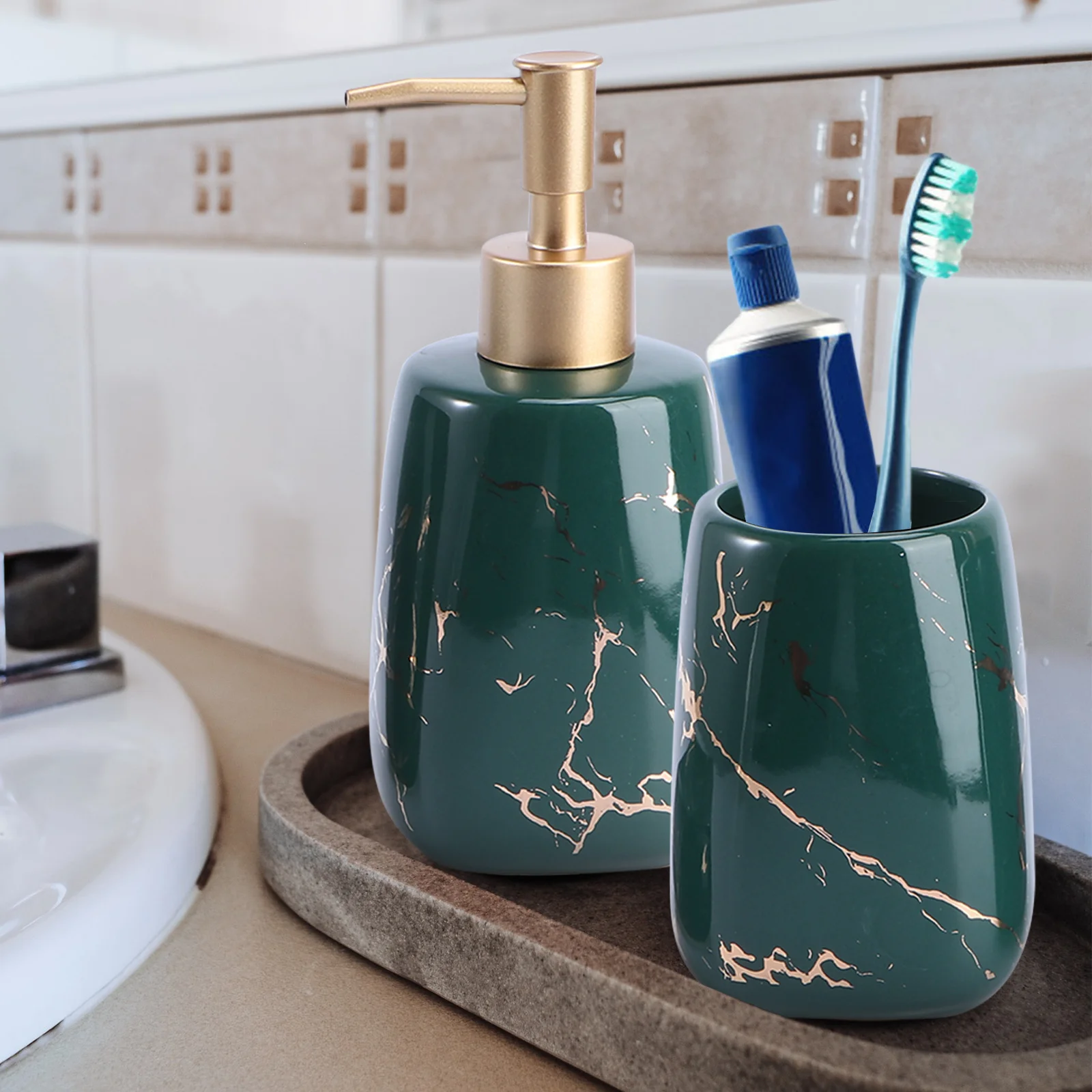 

3Pcs Bathroom Accessory Set Stylish Marble Soap Dispenser Toothbrush Cup Soap Tray Organize Wash Cup Set Bathroom Washing