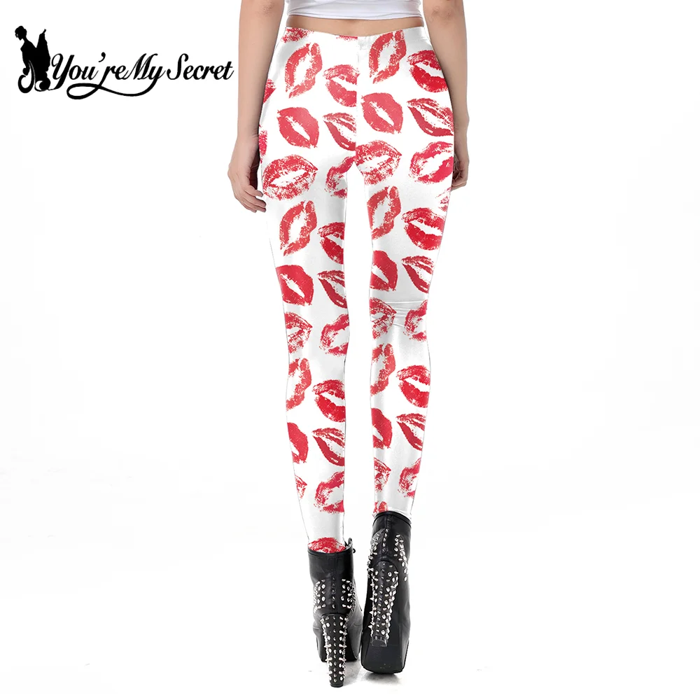[You're My Secret] Women Red Lip Kiss Print Leggings Mia Waist Stretchy Trousers Valentine's Day Casual Pants Sport Yoga Bottoms