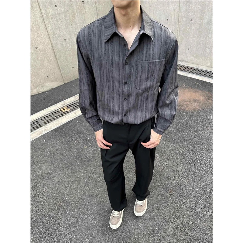 

Мужская рубашка свободного кроя в стиле ретро, легкая, с длинным рукавом, весна-осень, с текстурой и полосками, повседневная, для работы, классическая, модная