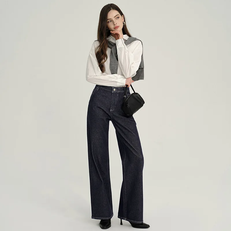 Vintage Fashion Women's Denim Blue Casual Trendy Loose Wide Leg Straight Denim Trousers Female Simple Basic Solid Jeans Pants