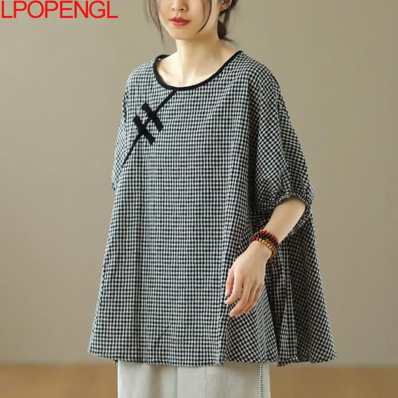 Woman Fashion Ethnic Style 2023 Summer Retro Buckle Cotton Linen Pullover Lantern Sleeve Plaid O-neck Vintage Oversized Shirt