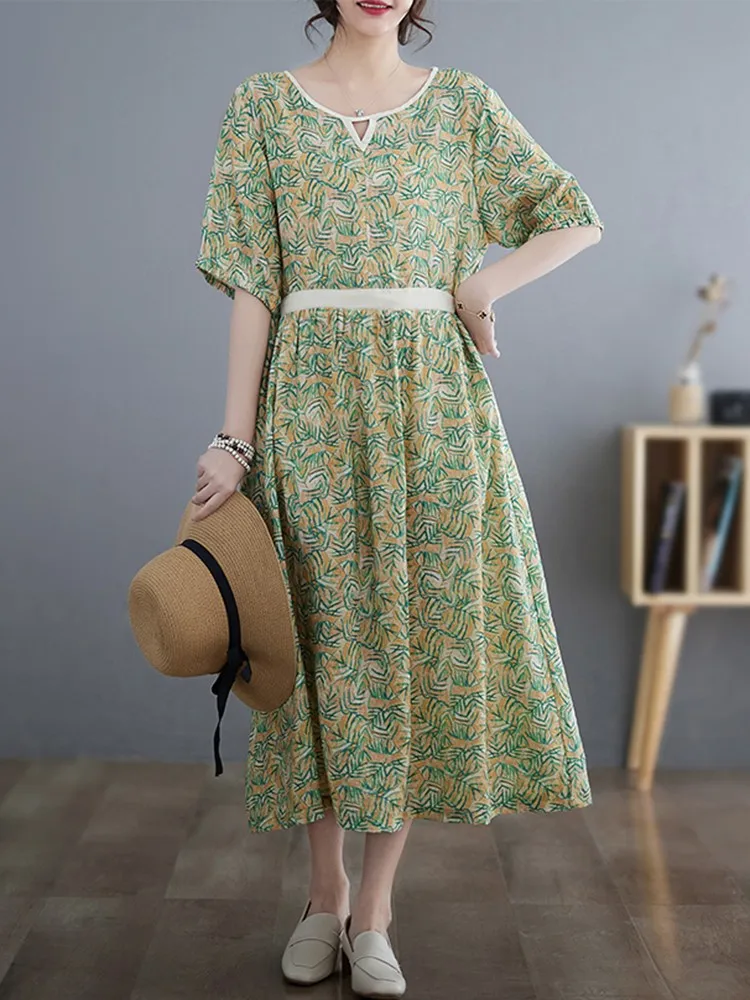 Women Casual Dresses New Arrival 2023 Summer Vintage Style O-neck Floral Print Loose Ladies Elegant A-line Long Dress B2266