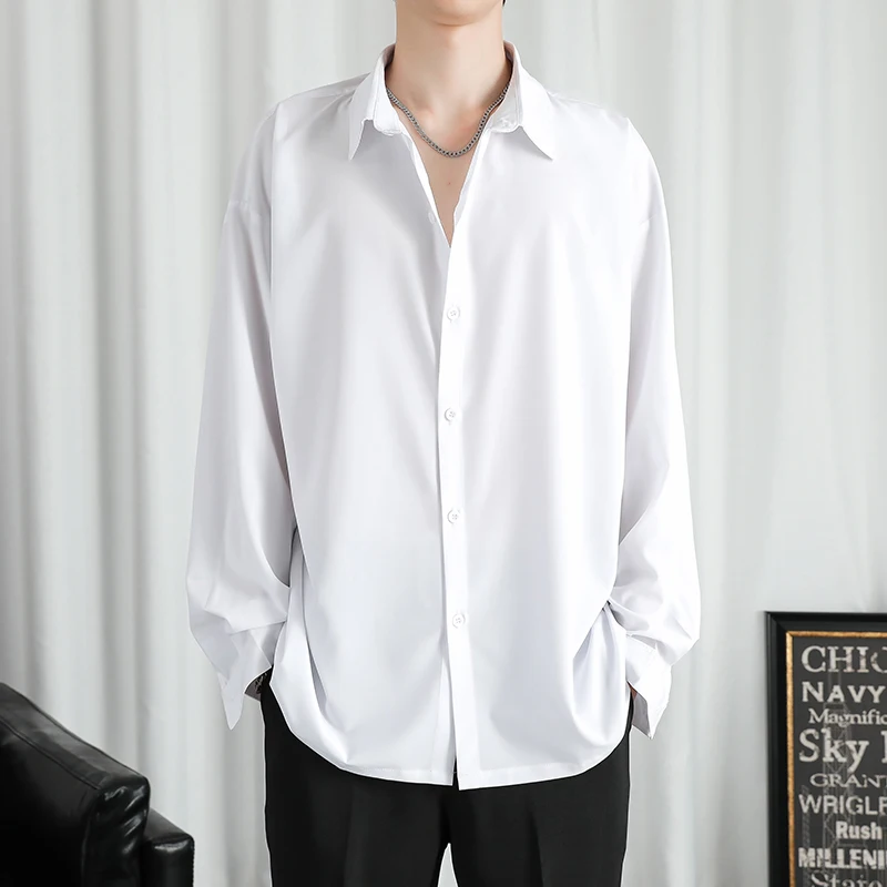 TFETTERS Korean Fashion Mens Shirts Summer Thin Ice Silk Long Sleeve Shirt Men Young Handsome Loose Solid Color Drape Shirt 4xl