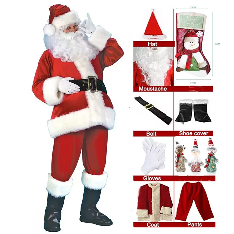 Red Deluxe Velvet Fancy Full Set Xmas Party Man Children\'s Family Costume Xmas Santa Claus New Year Party Suit Adult Christmas