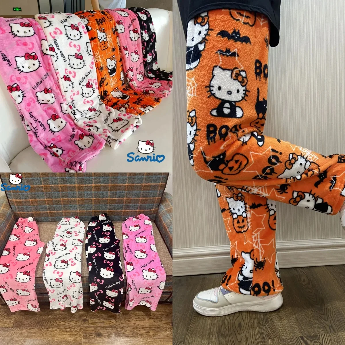 Anime Sanrio Hello Kitty Y2k Kawaii Flannel Pajamas Women'S Warm Woolen Cartoon Casual Home Pants Autumn Winter Fashion Trouser