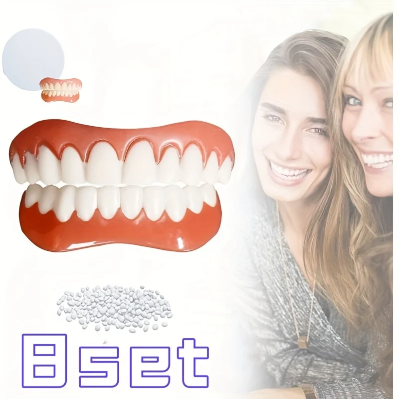 

8 комплектов натуральных белых искусственных зубов 8 верхних 8 нижних, 1 случайная коробка, удобная посадка, осветляющая зубы, уверенная улыбка