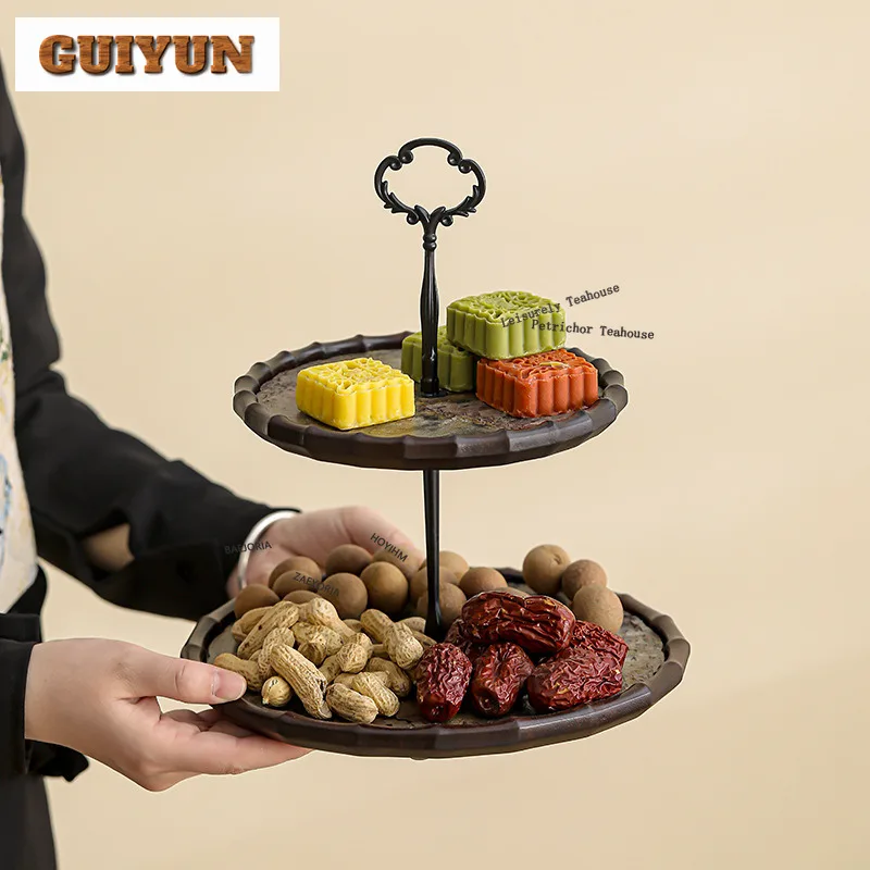 HOYIHM Bamboo Double-layer Kitchen Storage & Organization Traditional Sweet Table Decoration Trays Cutlery Organizer Cha