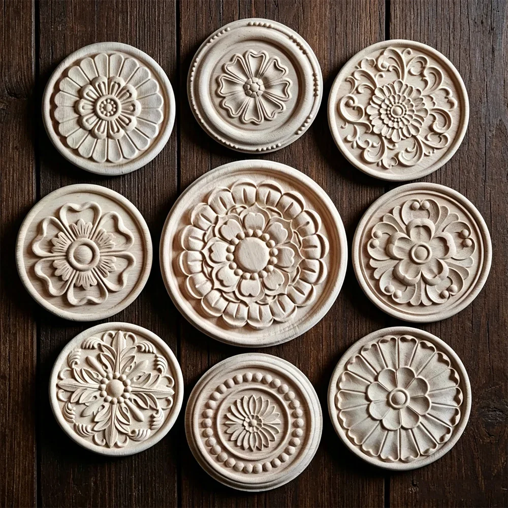 Carved Flower Carving Round Wood Appliques for Furniture Cabinet, Unpainted Wooden Mouldings, Decal Decorative Figurine