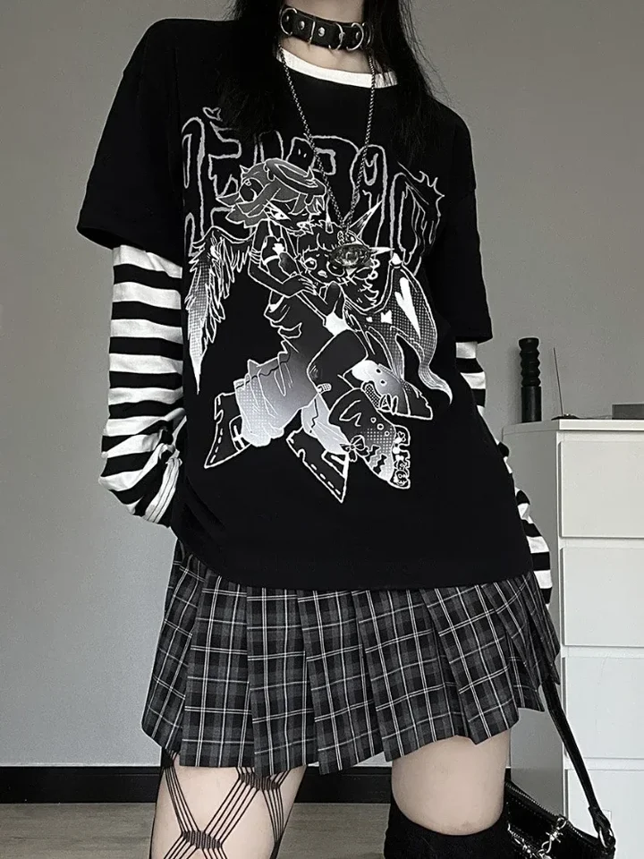 Grunge Fake Two Pieces Patchwork Y2k Harajuku Tshirts Long Sleeve