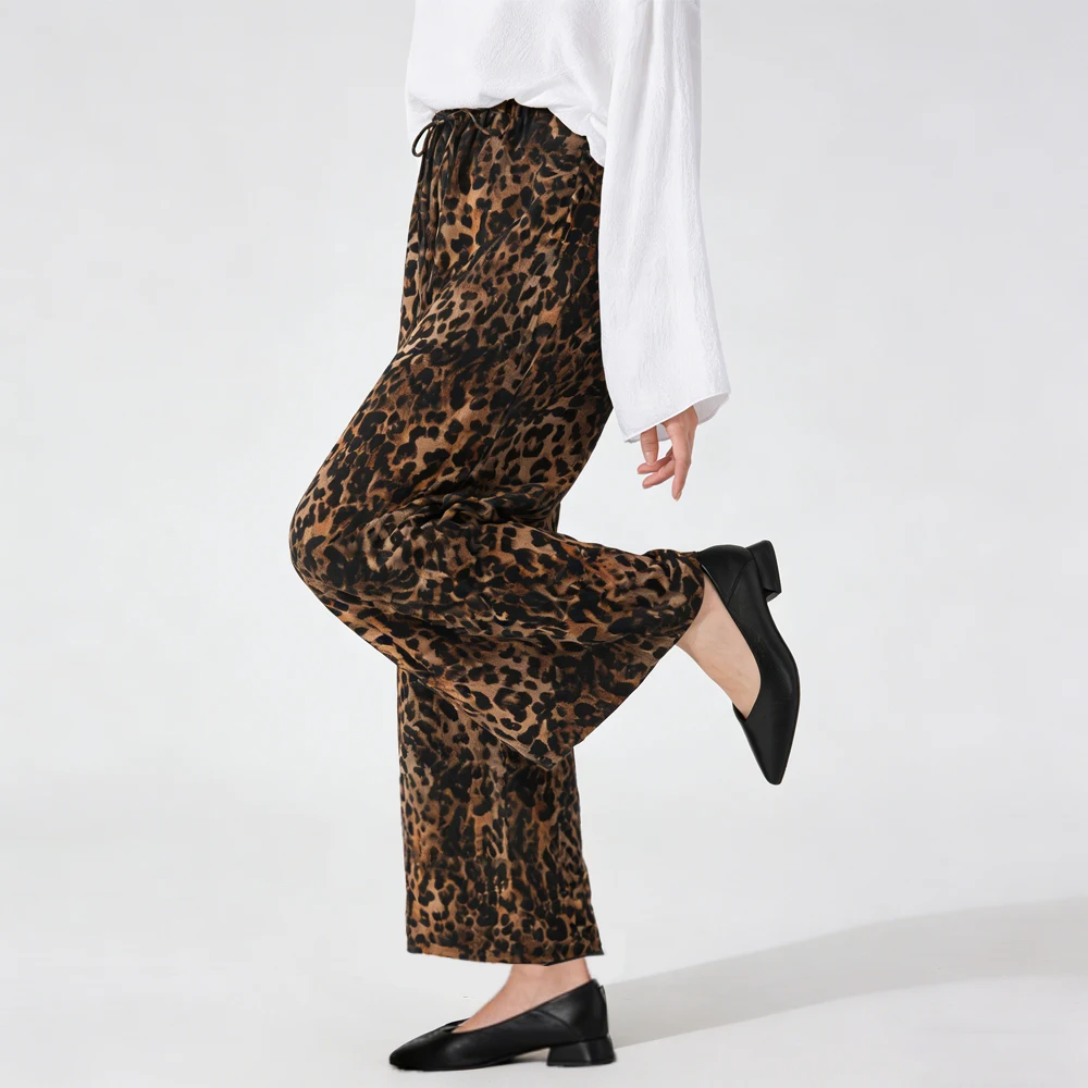 Women's Fashionable Leopard Print 100% Natural Mulberry Silk Double Crepe Elastic Waist Casual Skin Friendly Straight Leg Pants
