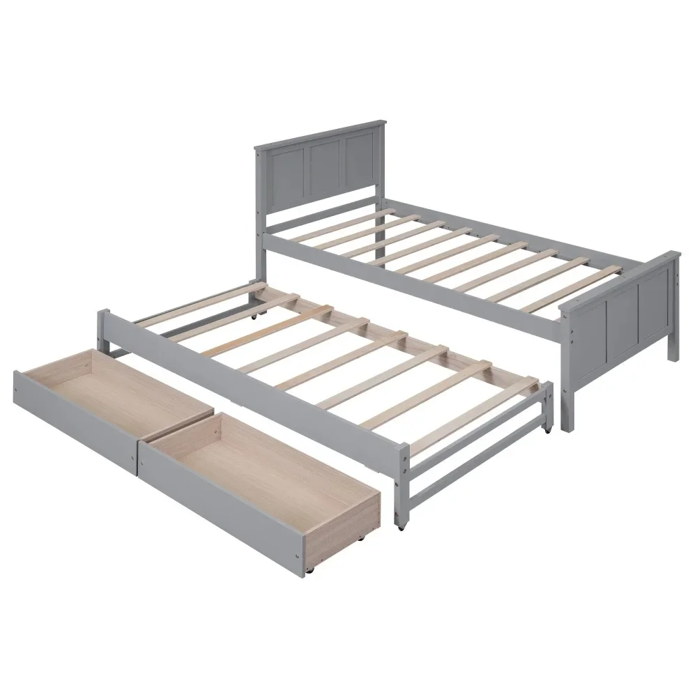 

Modern Twin Size Platform Bed with Trundle and Drawers for Kids, Children Beds with Large Storage Space