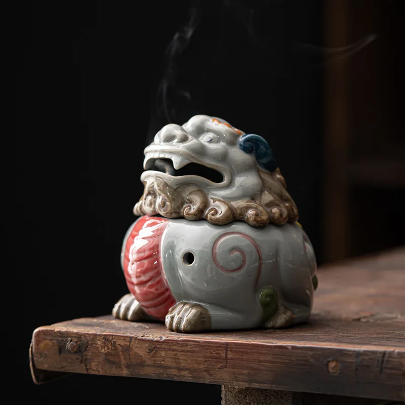 Ancient Suanni Divine Beast , Pottery Clay Burner, Creative Incense Holder, Hand-painted Colorful