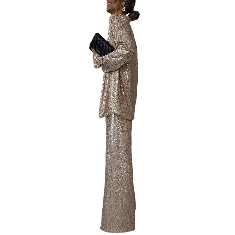 

CYL-Women's Sequin Blazer And High-Waist Trousers 2-Piece Set Casual Office Wear Party Suit Apricot Suit XL