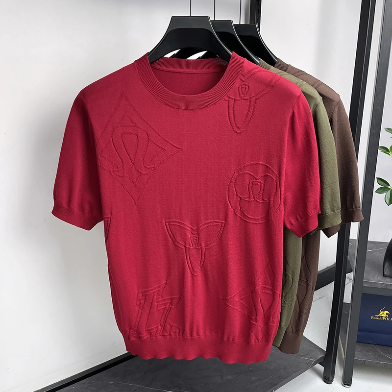 Jacquard Luxury Knitwear T Shirt For Men Short Sleeve Stretchy Summer Quality Viscose Blend Soft Comfortable Camisetas De Hombre