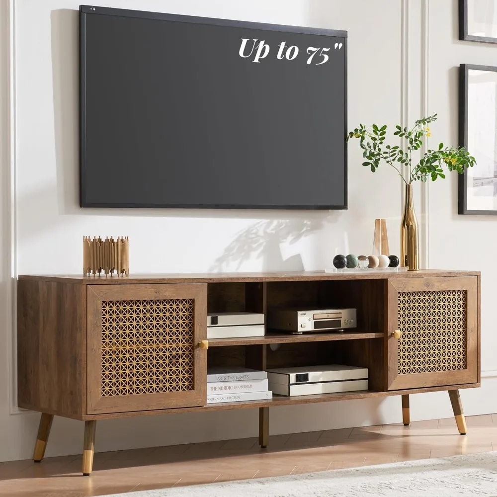 

JYED Mid Century Modern TV Stands for Living Room, Rustic Oak TV Stand for TVs up to 75", with Storage Cabinet and Shelves, Cons