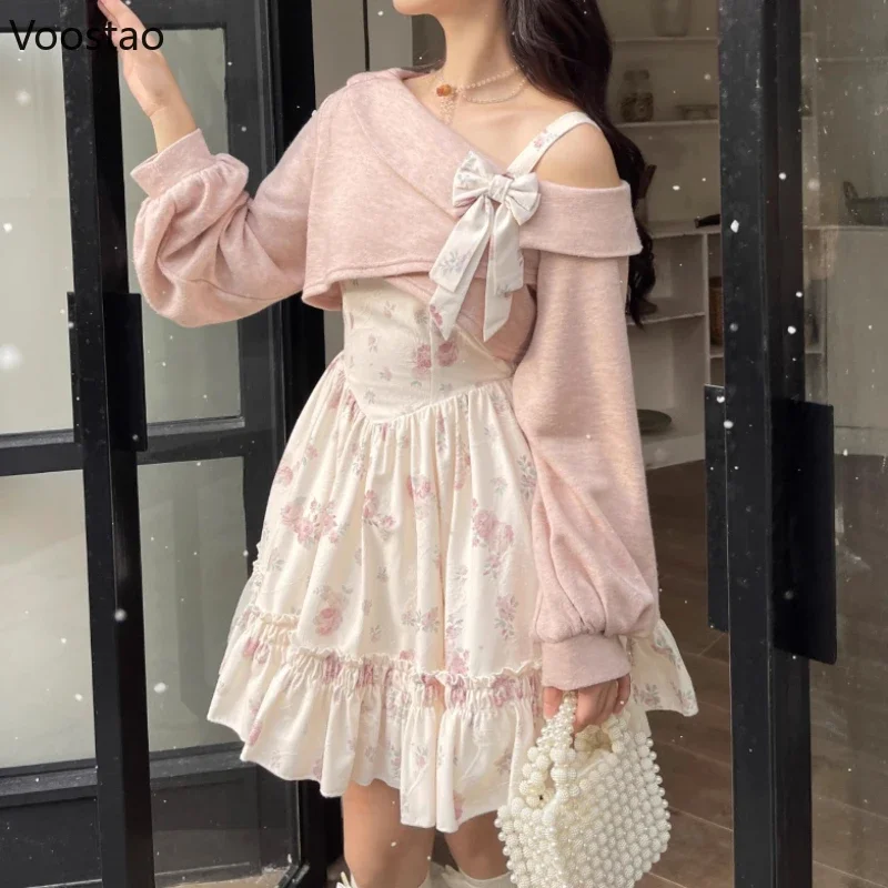 

Sweet Lolita Style 2 Piece Dress Set Women Pink Bow Knitted Coat Kawaii Floral Mini Dress Female Korean Fashion Beach Party Suit