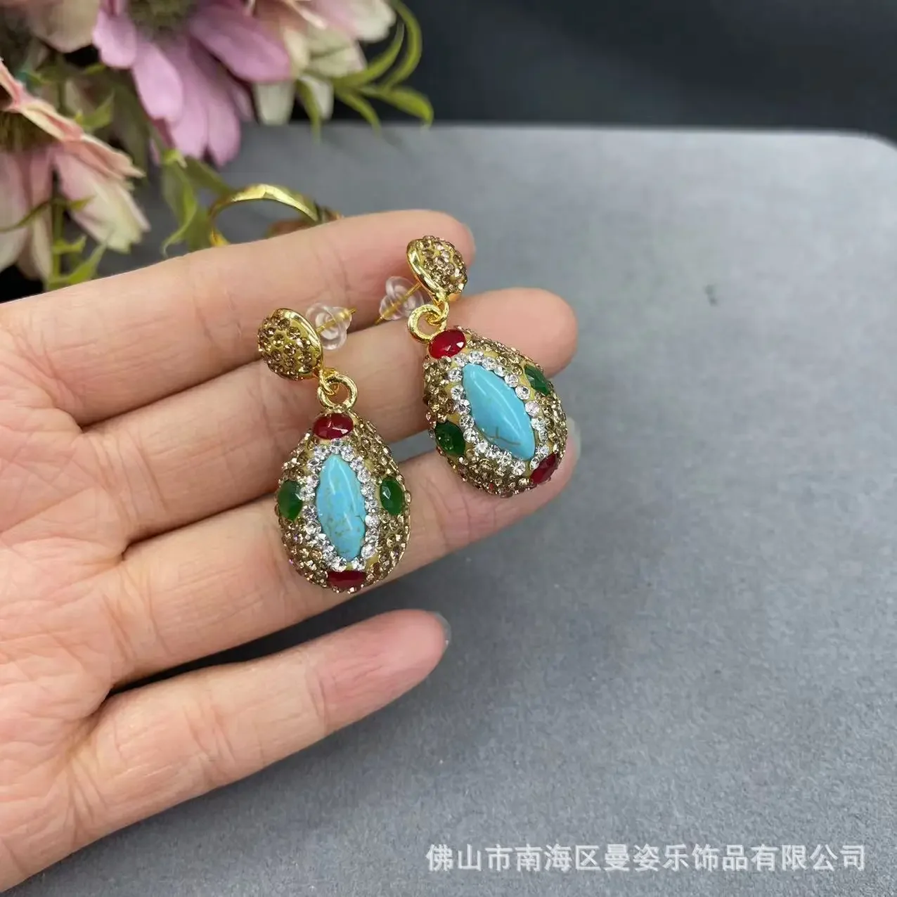 Horse eye turquoise inlaid ruby three-piece set personalized exaggerated design European and American jewelry fac