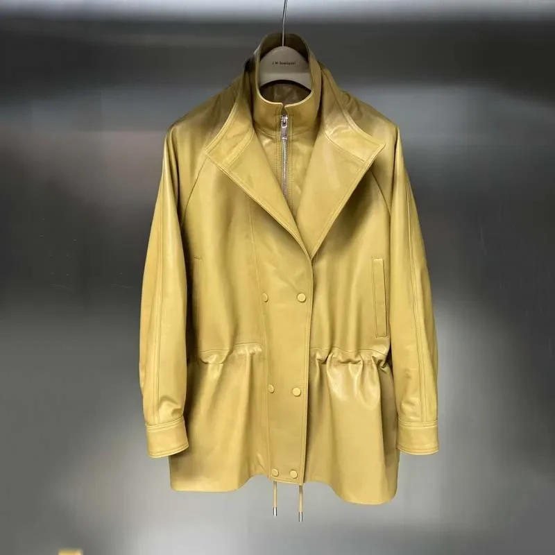 Damen-Jacke aus echtem Leder, normale Länge, Frühlingsmantel, plissierte Taille, doppeltes Revers-Design, natürliches echtes Schaffell