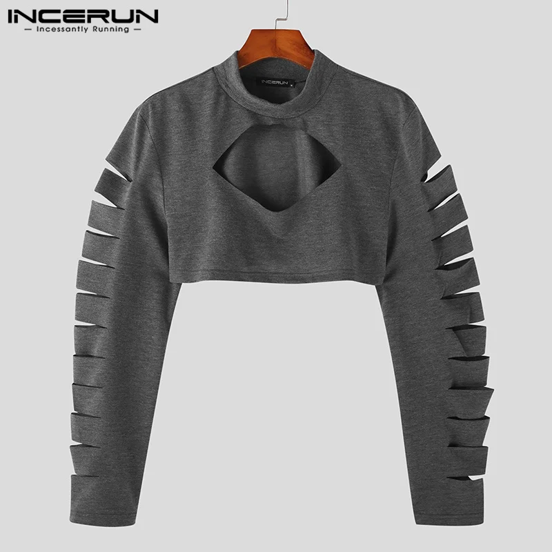 INCERUN Tops 2024 American Style New Men\'s Fashionable Hollowed T-shirts Casual Party Hot Selling Printed Long Sleeved Camiseta