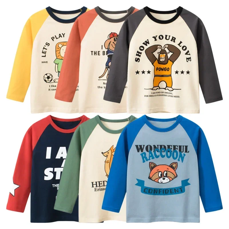 

2025 Spring Autumn Boys Clothes Cartoon Top Children's T-Shirt Casual Long Sleeve O-Neck Bottoming Shirt Monkey Lion Kids Outfit