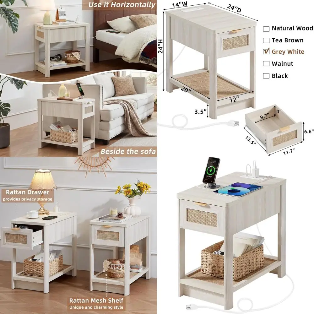 

Компактная прикроватная тумбочка для небольших помещений с полкой из ротанга - для спальни и гостиной