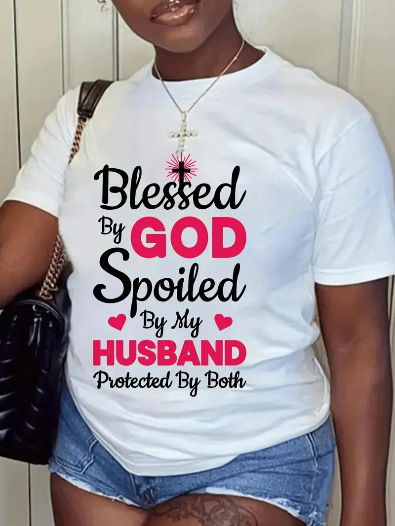 

Plus Size Casual T-shirt, Women's Plus Letter Print Round Neck Short Sleeve Slogan Graphic Tee